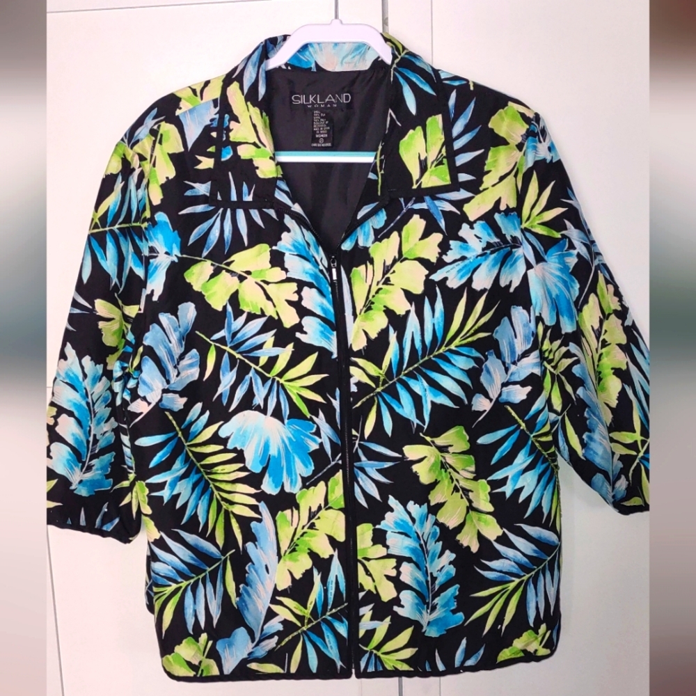 SILKLAND Woman Black Blue Tropical SILK Shell, Jacket Size 2x Full Zip Lightweig